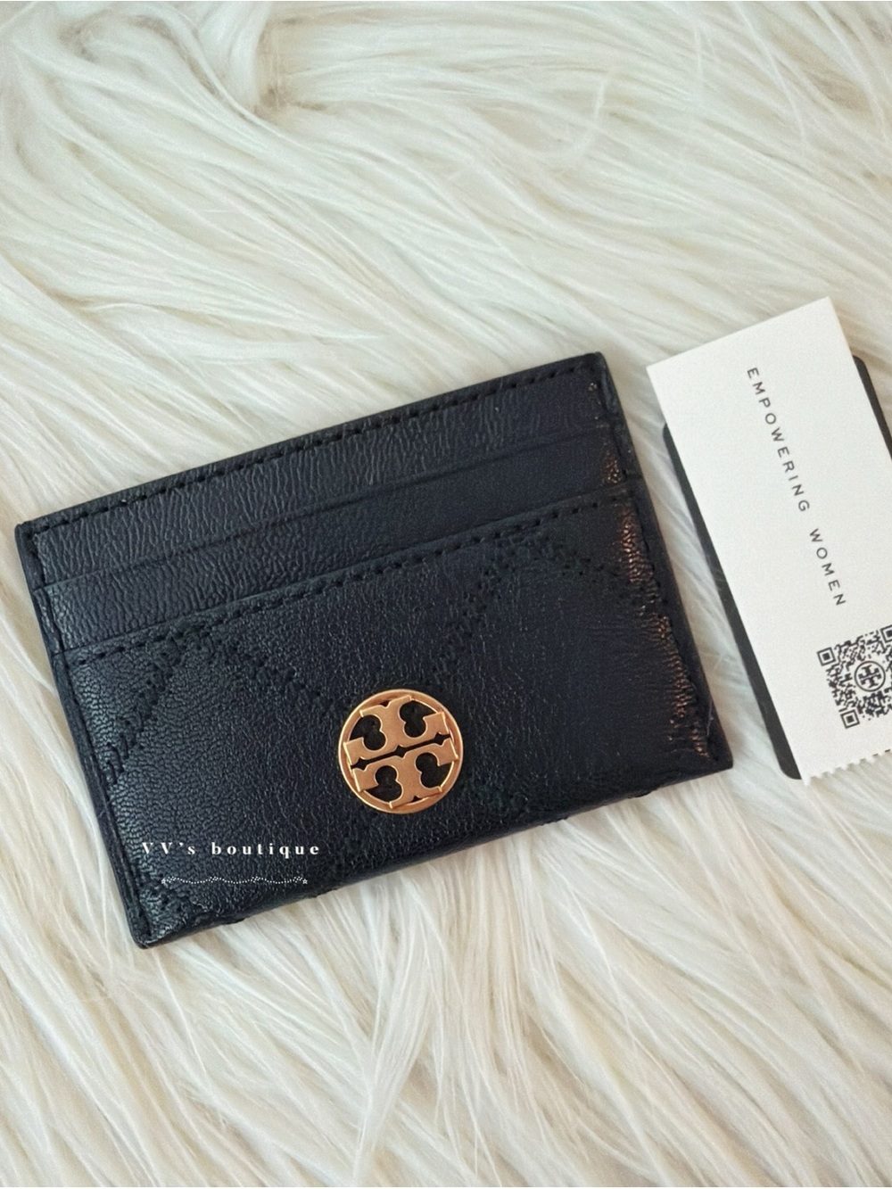NWT Tory Burch Willa Card Case Quilting Leather Black Gold 165928